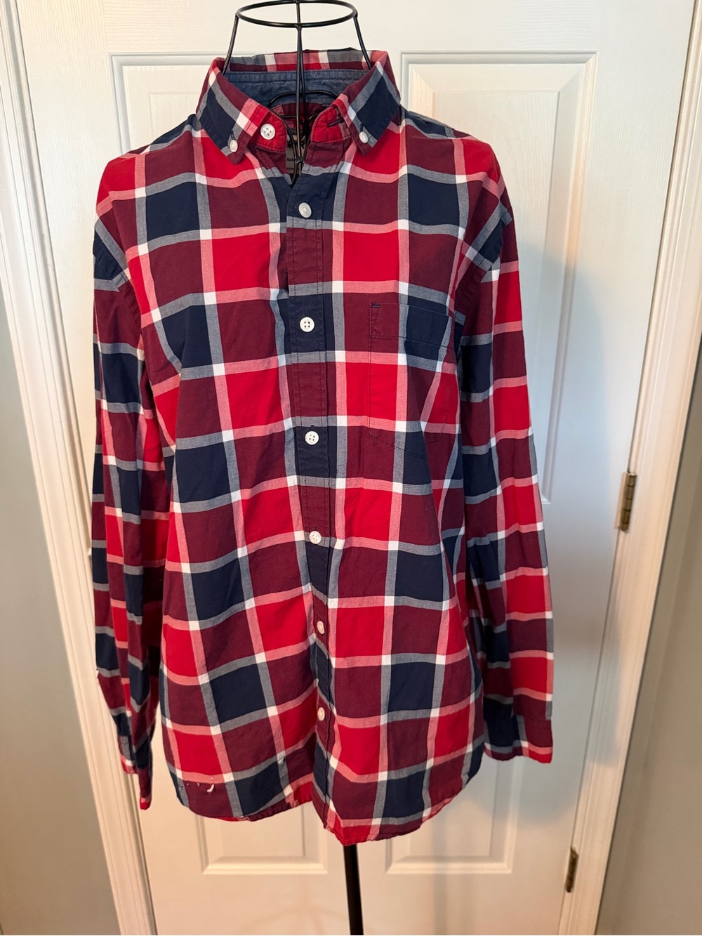 Express Red and Navy Plaid Button-Down Shirt